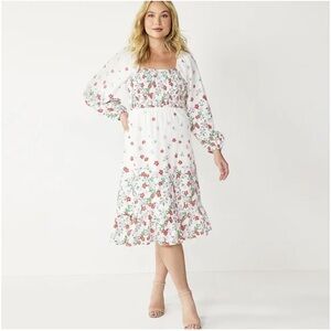 Draper James Midi Dress White Floral Linen Smocked Long Sleeve Cottagecore Med